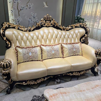 Canapé Royal Classique Européen, Grand Canapé Américain en Bois Massif Sculpté, en Cuir Véritable de Luxe, Ensemble de Canapés 1, 2 et 3 Places pour Villa