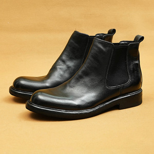 Botas de cuero genuino para hombre, altura al tobillo, punta redonda, sin cordones, suela de goma antideslizante, color sólido, impermeables, al por mayor - Product Image 4
