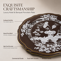 Assiettes de Présentation en Porcelaine Marron Espresso, Ensemble de 6,5, 8, 10,5 et 12 Pouces, Bord Doré Festonné, pour Location de Vaisselle de Mariage et Banquet d'Automne