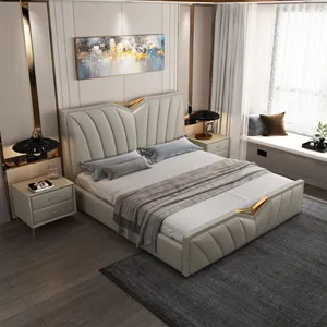 Italian Light Leather Solid Wooden Bed With Fast Shipping Short Period Good Price Nice Design Bed Sets High Quality Cloth Luxury