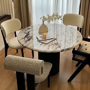 French marble stone tabletop cream-style full-bottom dining <b>table</b> elegant retro round design ideal for <b>small</b> homes - Product Image 1