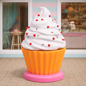 Scultura Personalizzata Eco-Friendly di Cupcake con Topping alla <span class=keywords><strong>Ciliegia</strong></span>, Modello per Esposizione all'Ingresso di Pasticcerie, Statua Lucida in Fibra di Vetro per Negozi di Alimentari - Product Image 1
