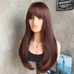 Perruques longues et droites personnalisables en gros, brun foncé, rouge bordeaux avec frange pour femmes, perruque synthétique dégradée à raie centrale, résistante à la chaleur - Product Image 2