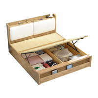Cadre de lit plateforme en bois avec tête de lit rembourrée et étagère de rangement, lit en chêne clair avec rangement intégré dans le pied du lit