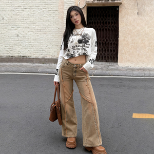 Jean délavé à bords bruts taille basse coupe droite ample en denim pour femme style Y2K vintage décontracté - Product Image 1