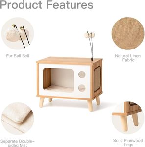 Cat House Condo en bois en forme de téléviseur pour chat-Grand abri intérieur de luxe robuste avec jouets à gratter pour coussin - Product Image 2