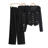 Ensemble Personnalisé de 3 Pièces Cardigan à Boutons Dorés Pull à Manches Longues Gilet en Tricot Col en V Sans Manches Pantalon Ample Tricots Côtelés pour Femmes