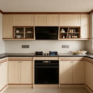 Cuisine moderne minimaliste en bois naturel Balom avec armoires en bois clair, détails <span class=keywords><strong>de</strong></span> finition foncés et comptoir en forme <span class=keywords><strong>de</strong></span> L - Product Image 1