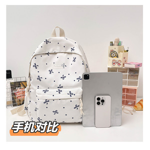 Bow Print Student <b>Backpack</b> <b>Waterproof</b> Nylon School Bag Zipper Softback Large Capacity for Daily School Use - Product Image 2