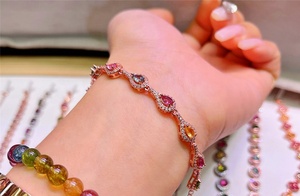 Vente en gros de pierres précieuses lisses naturelles, <span class=keywords><strong>Tourmaline</strong></span> Rose incrustée, bracelet en argent et or Rose S925 - Product Image 5