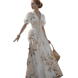 Robe longue d'été vintage pour femme, taille haute, imprimé floral, col en V, manches lanternes, coupe évasée - Product Image 1