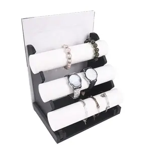 3 Tier PU Leather Velvet T Bar Bangle Bracelet Display Jewelry Holder Stand For Watch