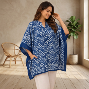 Robe Kaftan Bohème Vintage Luxueuse Ample à Col en V en Lin Tissé Rayé Géométrique Bleu avec Dentelle, Taille Naturelle, Respirante et Asymétrique - Product Image 2