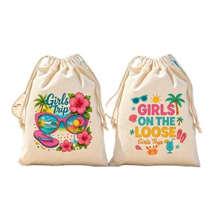 Sacs à cordon personnalisés en toile de coton recyclable 13x18cm - Cadeaux de fête de plage, souvenirs de Luau Hawaï, rangement pour bijoux et maquillage, autocollants - Product Image 1