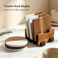 Ensemble de sous-verres en bois d'acacia marbré, ronds et carrés, résistants à la chaleur, avec support de rangement en option, pour la maison ou comme cadeau