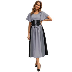 European Medieval Retro Color Blocked Patchwork <b>Dress</b> With Belted Waist Full Skirt A Line Chiffon Club <b>Dress</b> Sizes S 3XL - Product Image 4