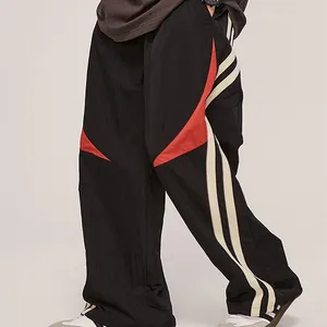 Customized Graphic Striped Tape Side Wide Leg Sporty Pants Men Y2k Streetwear Nylon Track Pants Straight Leg Mens Sweatpants