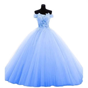 Blue Off-Shoulder Ball Gown Tulle Evening Dress Empire Waist Floral Print Women's Formal Wear - Product Image 1