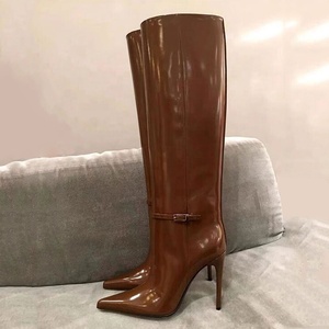 Women's Metal Buckles Patent <b>Long</b> Boots Slim High-Heeled Pointed Toe Knee High Booties Straight Upper on Shoes - Product Image 3