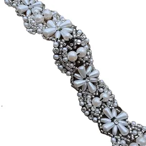 Grosir buatan tangan bordir mewah elegan berlian imitasi renda Prancis Tulle Diy mutiara bunga pakaian aksesoris