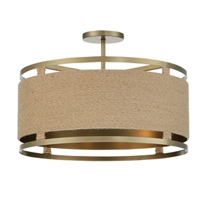 Luminaire de plafond semi-suspendu bohème naturel en jute avec cadre en laiton, éclairage côtier pour hôtel, chambre d'hôtes, espace de détente - Product Image 1