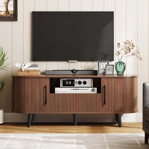 Modern Mid Century Farmhouse Eco-Friendly <strong>Walnut</strong> Finish Fluted <strong>TV</strong> Cabinet <strong>Stand</strong> Storage Wood Legs Doors Living Home Furniture - Product Image 3