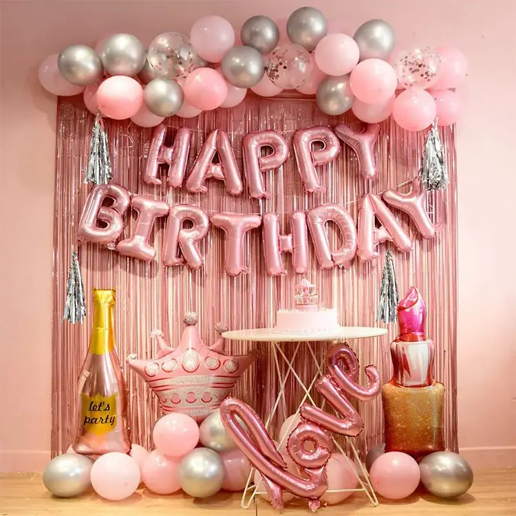 로즈 골드 핑크 소녀 생일 축하 풍선 파티 용품 장식 세트 레이아웃 장면 배경 벽 장식