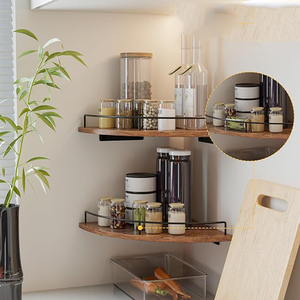 Étagère d'angle suspendue en bois brun campagnard, <span class=keywords><strong>casier</strong></span> autoportant avec garde-corps, niveau unique, grande capacité, durable, pour salle de bain et <span class=keywords><strong>cuisine</strong></span> - Product Image 4