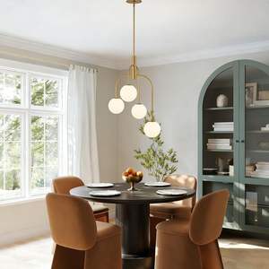 באמצע המאה המודרנית חדר אוכל תליון תאורה זהב נברשת כדור מתכת עם זכוכית חלב גלובוס e12 בסיס מנורת ברזל - Product Image 3