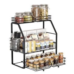 Three Tiered Spice Rack Carbon Steel <b>Kitchen</b> Countertop Organizer Multi Function <b>Storage</b> Shelf With Suction Cups - Product Image 5