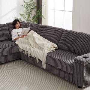 Oversized Convertible L-Shaped Corduroy Corner Sofa Set Modern Design Two Storage Spaces USB Type-C Port Cup <b>Sponge</b> Apartment - Product Image 4