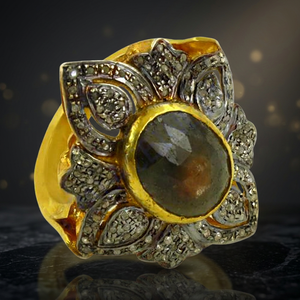 Vintage Flower <b>Cocktail</b> <b>Ring</b> Yellow <b>Gold</b> Plated Natural Stone Pave Setting Women's Jewelry - Product Image 1