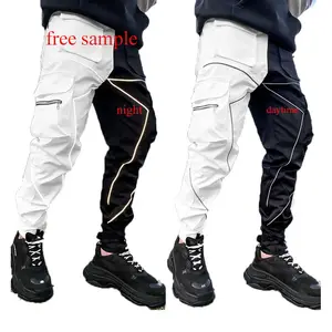 Free Sample Muscle fitness spring autumn sports casual reflective striped track cargo pants with 6 pockets