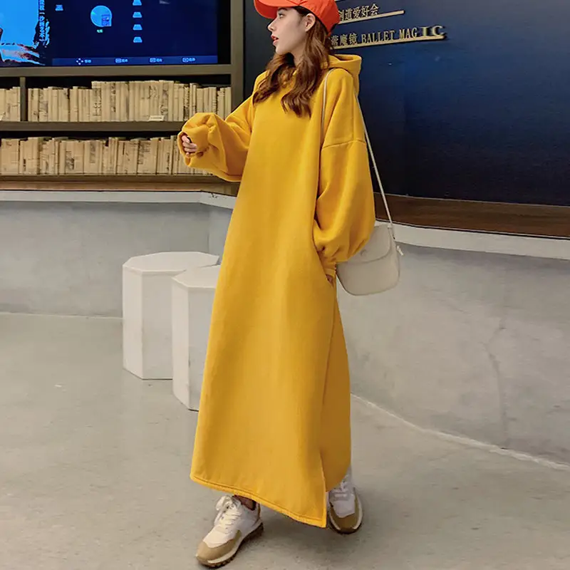 Áo Nỉ Maxi Dài Có Mũ Trùm Đầu Bằng Cotton Lông Cừu Dày Mùa Đông Harajuku Hàn Quốc Áo Hoodie Tay Phồng Tùy Chỉnh Cho Nữ