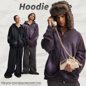 Otoño/Invierno 2025 nuevo estilo 430G Spray Monkey lavado borde deshilachado desgastado bolsa de rata con capucha sudadera con doble cremallera - Product Image 4