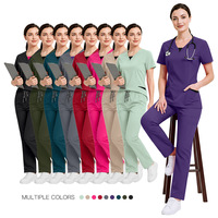 Ensembles d'uniformes médicaux pour femmes : Haut contrastant à col en V et pantalon à cordon de serrage, en tissu respirant pour l'été, personnalisables pour les marques.