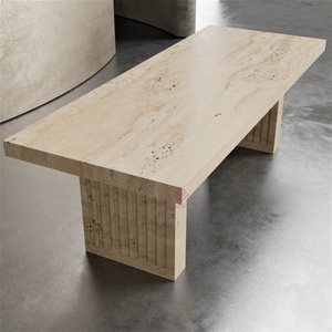 Table à manger <span class=keywords><strong>de</strong></span> luxe en <span class=keywords><strong>travertin</strong></span> beige haut <span class=keywords><strong>de</strong></span> gamme Design artisanal en pierre texturée organique pour les espaces modernes rustiques - Product Image 4