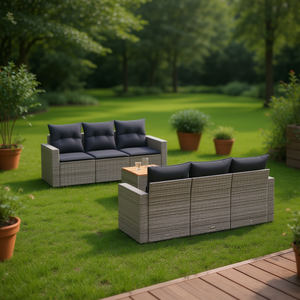 Grey Brown <b>Rattan</b> Garden <b>Sofa</b> Set 6 Seater Outdoor Furniture Contemporary Weather Resistant Wicker Frame - Product Image 2