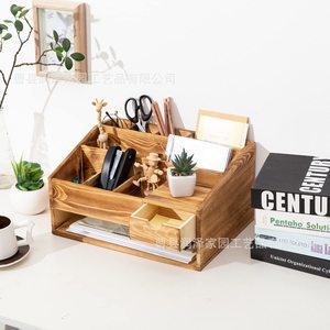Wooden Desktop <b>Storage</b> Box With Drawers Office Stationery Organizer Rectangle Solid Color <b>File</b> And Miscellaneous Item Holder - Product Image 4