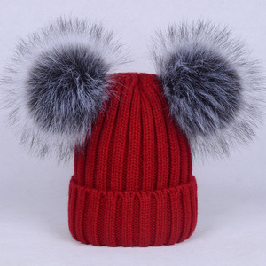D1859 Topi Wol Rajut Wanita Musim Dingin, Topi Beanie <span class=keywords><strong>Pom</strong></span> Ganda Bulu Rajut Hangat Mode 2019 - Product Image 4