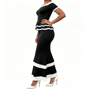 <span class=keywords><strong>Ensemble</strong></span> 2 pièces de soirée pour <span class=keywords><strong>femme</strong></span> : Haut peplum épaules dénudées et jupe sirène, color block, manches courtes, ourlet à volants étagés - Product Image 5