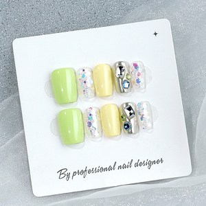 <span class=keywords><strong>Uñas</strong></span> Postizas Acrílicas de Cobertura Completa, Cuadradas, <span class=keywords><strong>Cortas</strong></span>, con Purpurina Neón Artística, Pegamento para <span class=keywords><strong>Uñas</strong></span>, Venta al por Mayor, Hechas a Mano, de Alta Calidad - Product Image 4