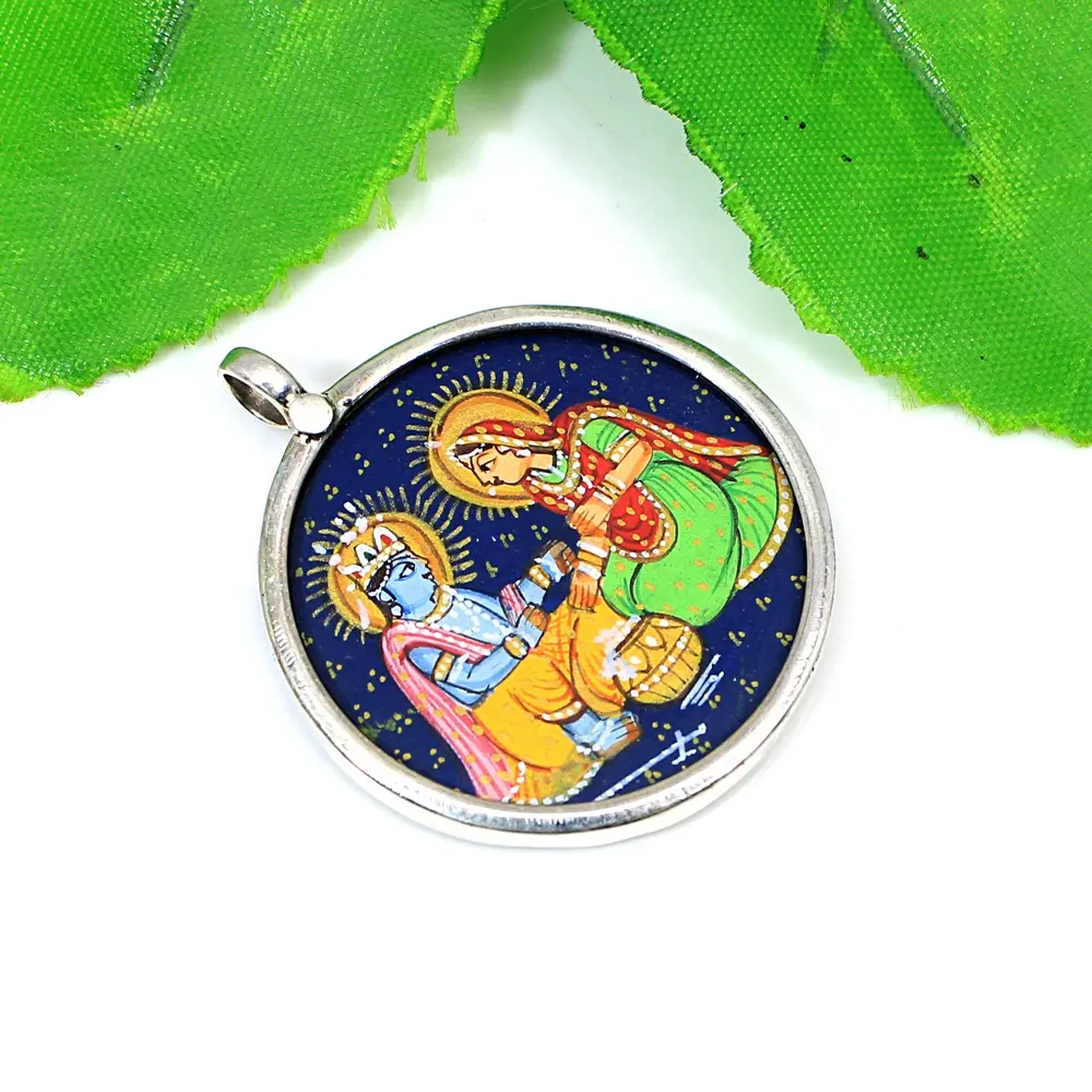 Hindu Goddess Lord Radha Krishna Handcrafted Painting Miniature Art 925 Sterling Silver Tribal Jewelry Pendant