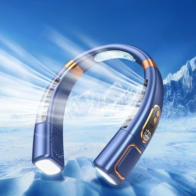 2 in 1 Mini USB Rechargeable Bladeless Electric Portable Wearable Neckband Neck Fan With Display LED Lighting for Indoor Outdoor
