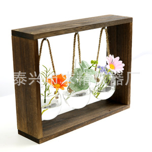 Creative Detachable Hydroponic Glass Vase Hanging Retro Wooden Frame Wall Vase For Pothos Plants Home Decoration - Product Image 3