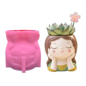 YS béton tête humaine fille visage Vase ciment Silicone planteur Pot moule bougeoir chandelier pot de fleurs faisant artisanat moule - Product Image 1