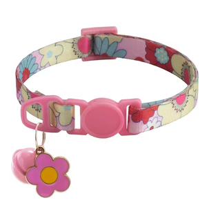 Venta al por mayor multicolor impresión ajustable poliéster mascota gato cachorro Collar con campanas y colgante floral - Product Image 6