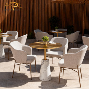 Mesa de Centro Moderna con Base de Mármol, Mesas de Restaurante y Cafetería, Mesa Auxiliar Redonda Pequeña con Superficie de Metal Dorado - Product Image 4