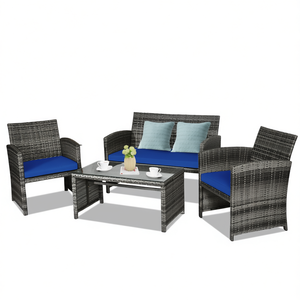 Ensemble de jardin en rotin DB Outdoor 4 pièces, canapé deux places en polyester avec table en verre, style contemporain pour patio et jardin - Product Image 1