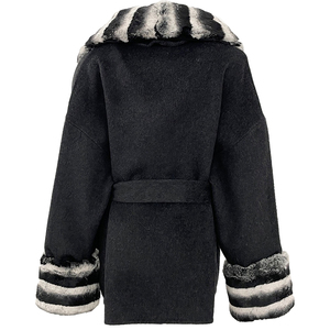 Abrigo de Primavera Elegante e Informal para Mujer, Tejido de Lana de Doble Cara, con Cuello y Puños de Piel de Conejo Rex Teñida de Chinchilla, Cinturón, Chaqueta Gruesa - Product Image 6